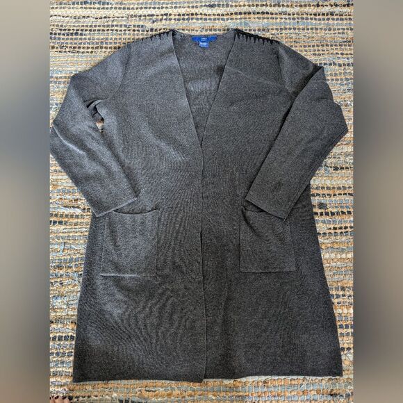 Open Front Cardigan Gray Black Embroidery Longline Sweater Coat *flaws* - Picture 2 of 10